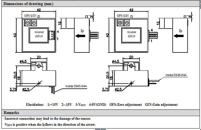 O transdutor de efeito hall 4V da corrente de precisão da máquina de soldadura Output a janela 22 X16mm